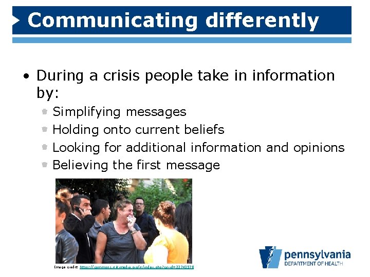 Communicating differently • During a crisis people take in information by: Simplifying messages Holding