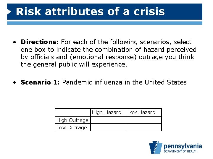 Risk attributes of a crisis • Directions: For each of the following scenarios, select