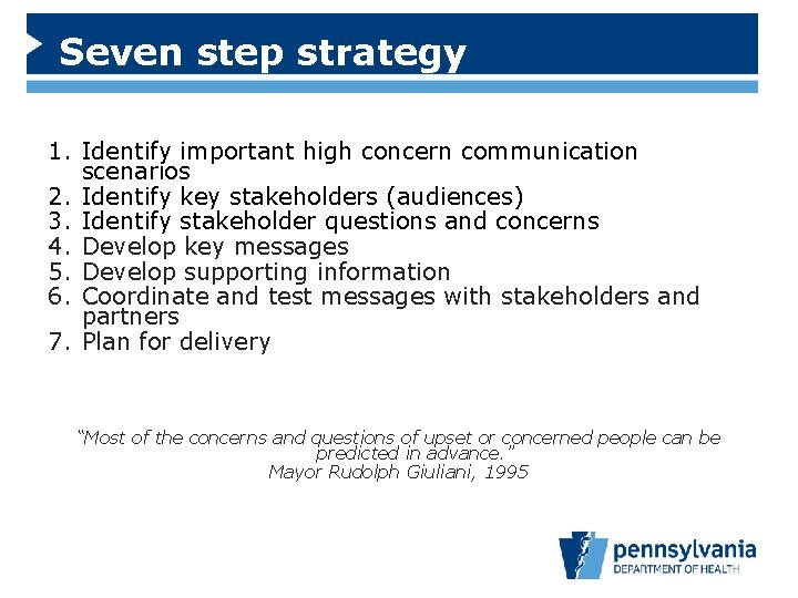 Seven step strategy 1. Identify important high concern communication scenarios 2. Identify key stakeholders