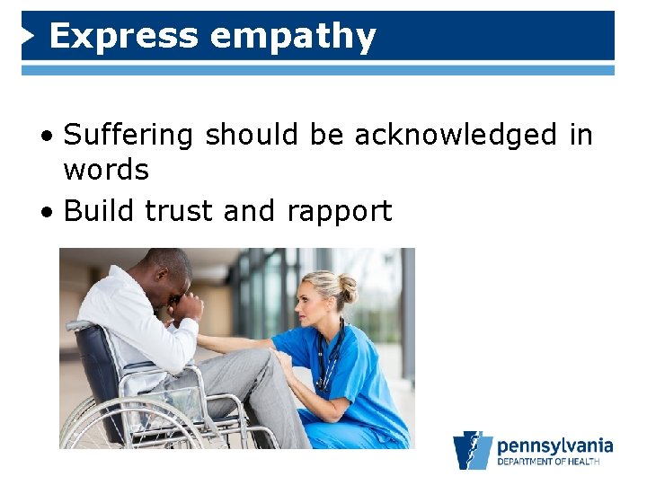 Express empathy • Suffering should be acknowledged in words • Build trust and rapport