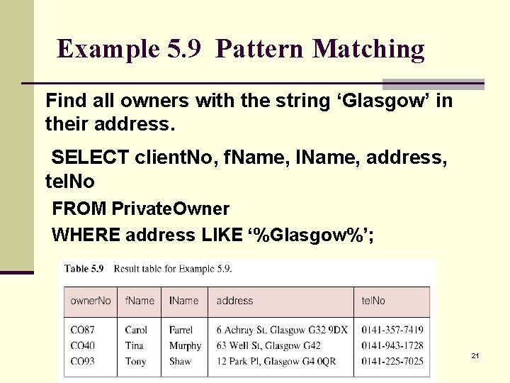 Example 5. 9 Pattern Matching Find all owners with the string ‘Glasgow’ in their