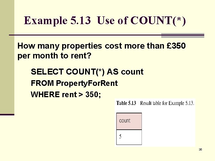 Example 5. 13 Use of COUNT(*) How many properties cost more than £ 350