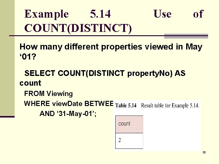 Example 5. 14 COUNT(DISTINCT) Use of How many different properties viewed in May ‘