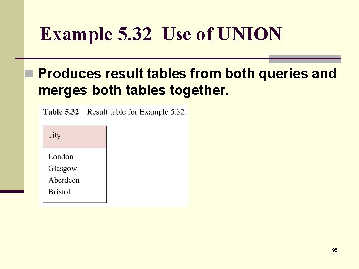 Example 5. 32 Use of UNION n Produces result tables from both queries and