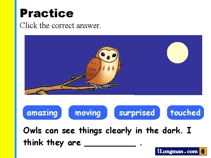 Practice Click the correct answer. amazing moving surprised touched Owls can see things clearly