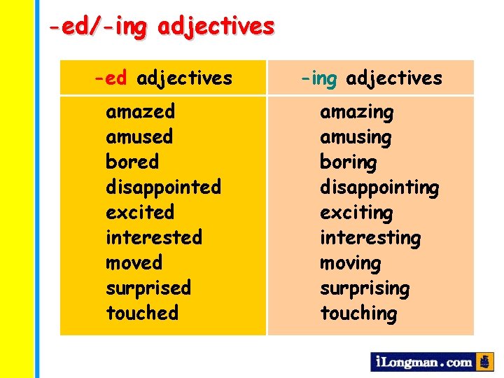 -ed/-ing adjectives -ed adjectives amazed amused bored disappointed excited interested moved surprised touched -ing