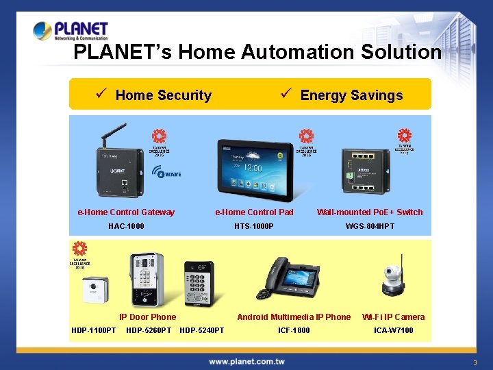 PLANET’s Home Automation Solution ü Home Security ü Energy Savings e-Home Control Gateway e-Home