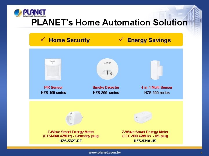 PLANET’s Home Automation Solution ü Home Security PIR Sensor HZS-100 series ü Energy Savings