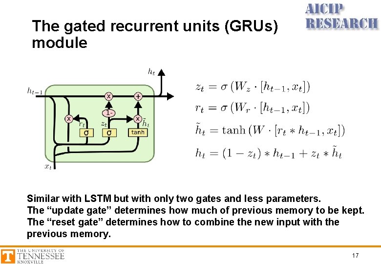 The gated recurrent units (GRUs) module Similar with LSTM but with only two gates