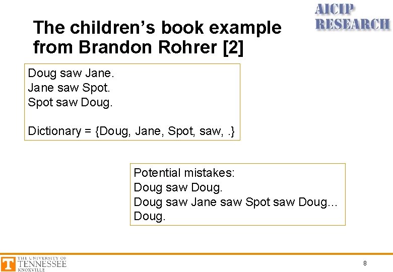 The children’s book example from Brandon Rohrer [2] Doug saw Jane saw Spot saw