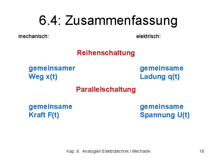 6. 4: Zusammenfassung mechanisch: elektrisch: Reihenschaltung gemeinsamer Weg x(t) gemeinsame Ladung q(t) Parallelschaltung gemeinsame