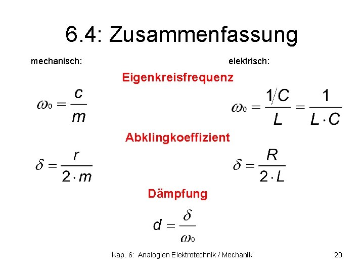 6. 4: Zusammenfassung mechanisch: elektrisch: Eigenkreisfrequenz Abklingkoeffizient Dämpfung Kap. 6: Analogien Elektrotechnik / Mechanik