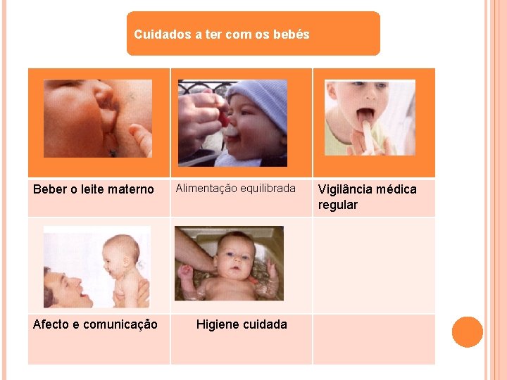 Cuidados a ter com os bebés Beber o leite materno Afecto e comunicação Alimentação