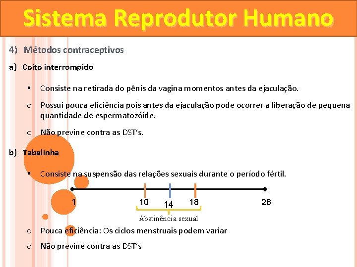 Sistema Reprodutor Humano 4) Métodos contraceptivos a) Coito interrompido § Consiste na retirada do