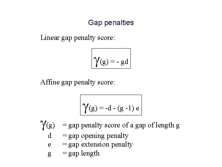 Gap penalties Linear gap penalty score: g(g) = - gd Affine gap penalty score: