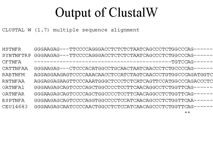 Output of Clustal. W CLUSTAL W (1. 7) multiple sequence alignment HSTNFR SYNTNFTRP CFTNFA