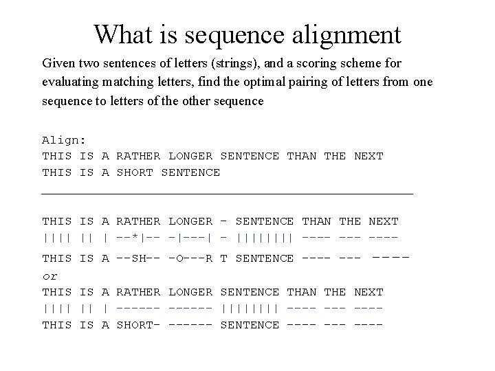 What is sequence alignment Given two sentences of letters (strings), and a scoring scheme