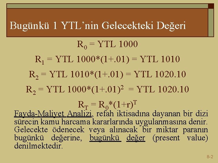 Bugünkü 1 YTL’nin Gelecekteki Değeri R 0 = YTL 1000 R 1 = YTL