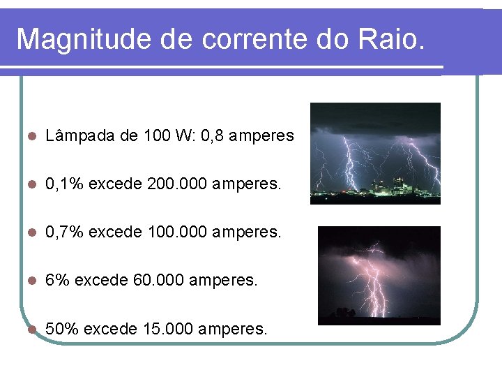 Magnitude de corrente do Raio. l Lâmpada de 100 W: 0, 8 amperes l Magnitude de corrente do Raio. l Lâmpada de 100 W: 0, 8 amperes l