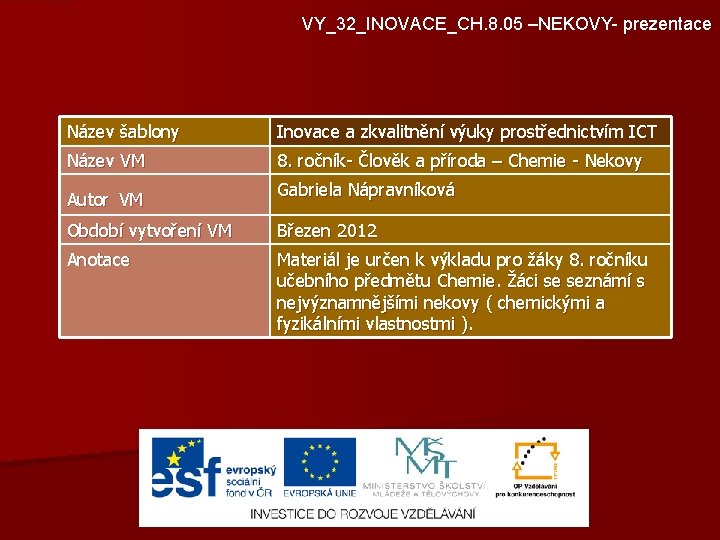 VY_32_INOVACE_CH. 8. 05 –NEKOVY- prezentace Název šablony Inovace a zkvalitnění výuky prostřednictvím ICT Název