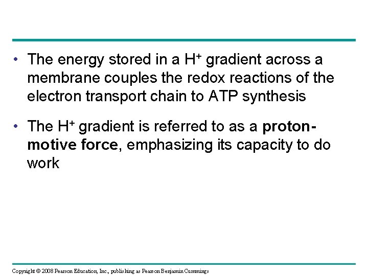  • The energy stored in a H+ gradient across a membrane couples the