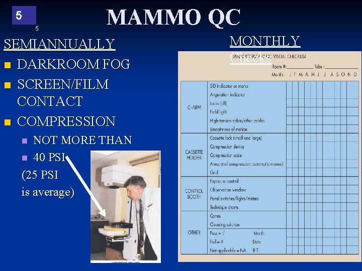 5 5 MAMMO QC SEMIANNUALLY n DARKROOM FOG n SCREEN/FILM CONTACT n COMPRESSION NOT