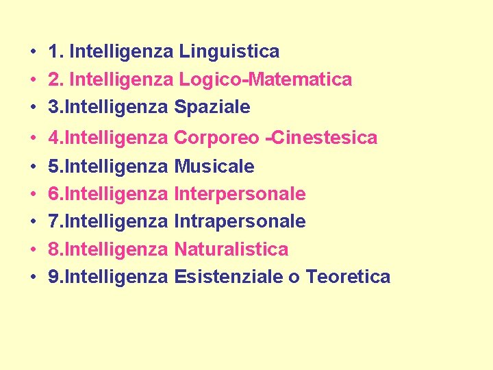 • 1. Intelligenza Linguistica • 2. Intelligenza Logico-Matematica • 3. Intelligenza Spaziale • • 1. Intelligenza Linguistica • 2. Intelligenza Logico-Matematica • 3. Intelligenza Spaziale •