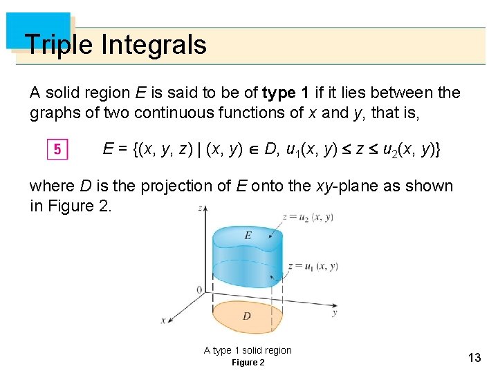 Triple Integrals A solid region E is said to be of type 1 if