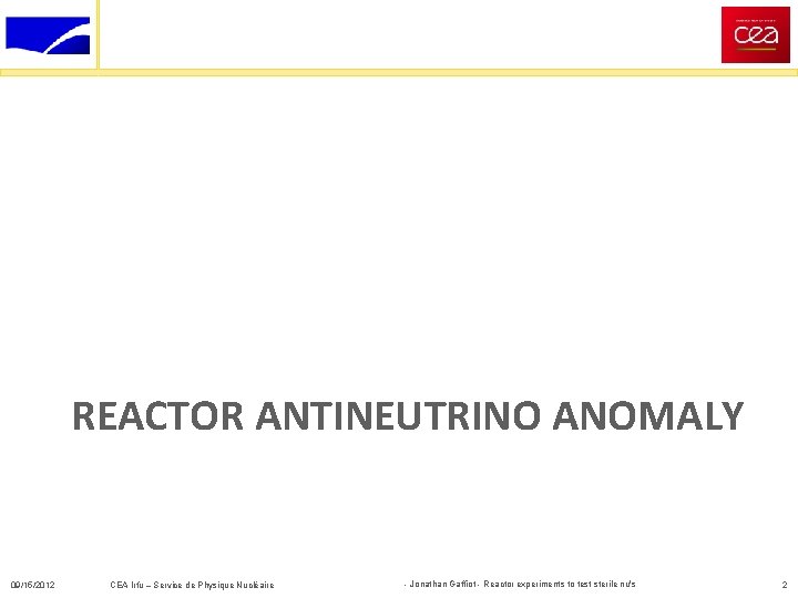 REACTOR ANTINEUTRINO ANOMALY 09/15/2012 CEA Irfu – Service de Physique Nucléaire - Jonathan Gaffiot