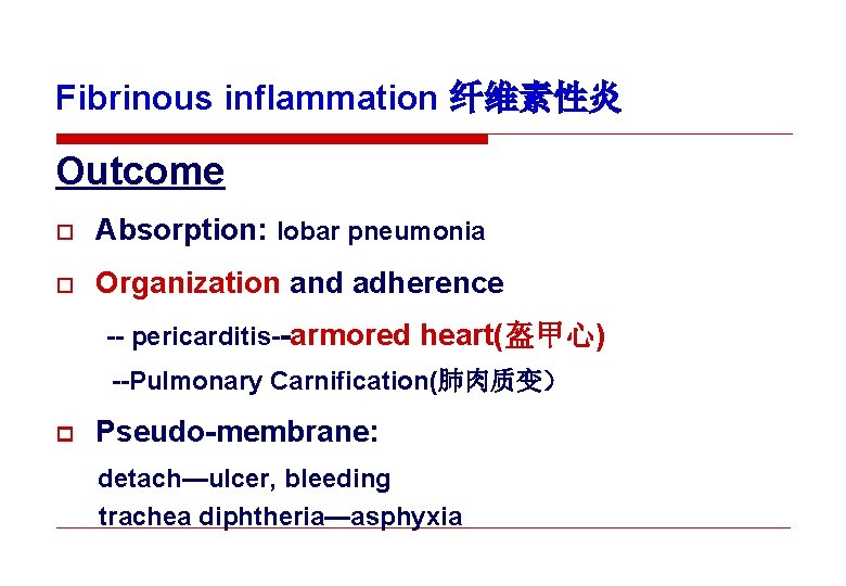 Fibrinous inflammation 纤维素性炎 Outcome o Absorption: lobar pneumonia o Organization and adherence -- pericarditis--armored