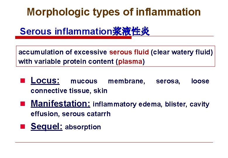 Morphologic types of inflammation Serous inflammation浆液性炎 accumulation of excessive serous fluid (clear watery fluid)