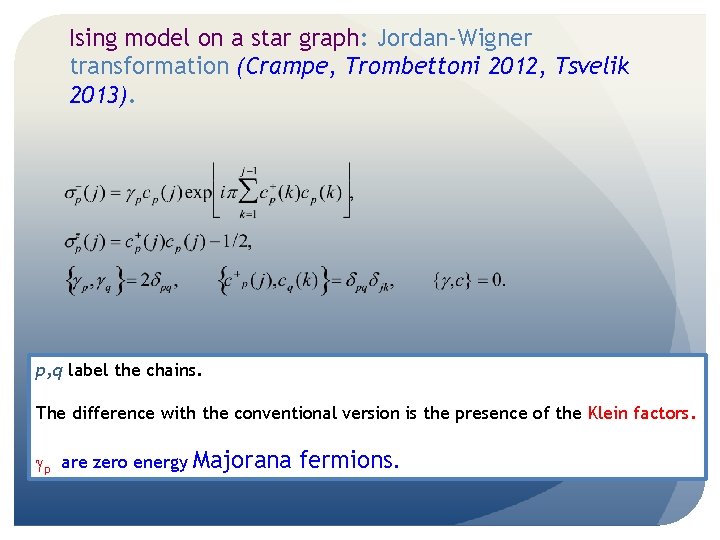 Ising model on a star graph: Jordan-Wigner transformation (Crampe, Trombettoni 2012, Tsvelik 2013). p, Ising model on a star graph: Jordan-Wigner transformation (Crampe, Trombettoni 2012, Tsvelik 2013). p,