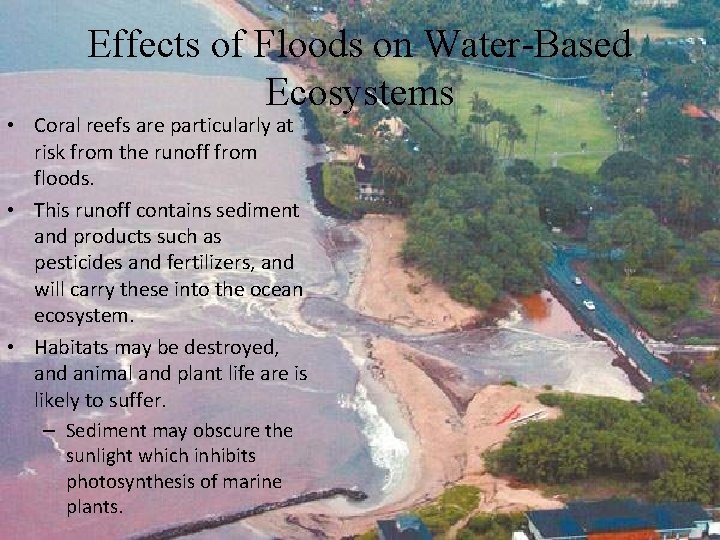 Effects of Floods on Water-Based Ecosystems • Coral reefs are particularly at risk from