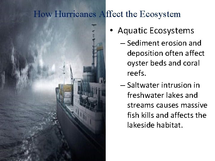 How Hurricanes Affect the Ecosystem • Aquatic Ecosystems – Sediment erosion and deposition often