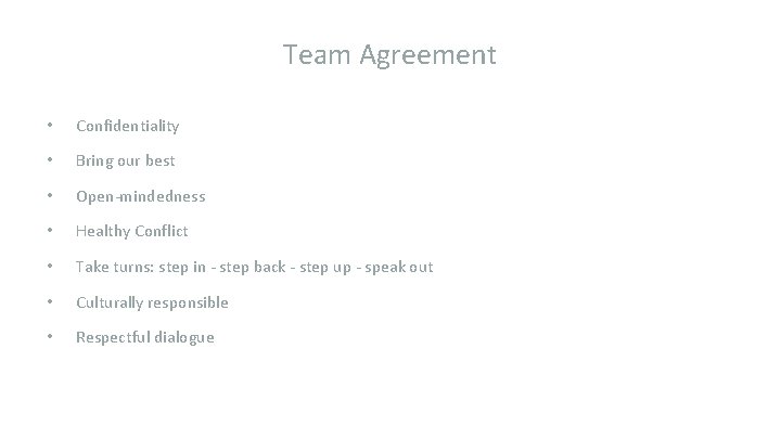 Team Agreement • Confidentiality • Bring our best • Open-mindedness • Healthy Conflict •