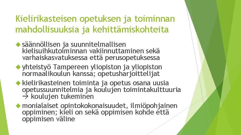 Kielirikasteisen opetuksen ja toiminnan mahdollisuuksia ja kehittämiskohteita säännöllisen ja suunnitelmallisen kielisuihkutoiminnan vakiinnuttaminen sekä varhaiskasvatuksessa