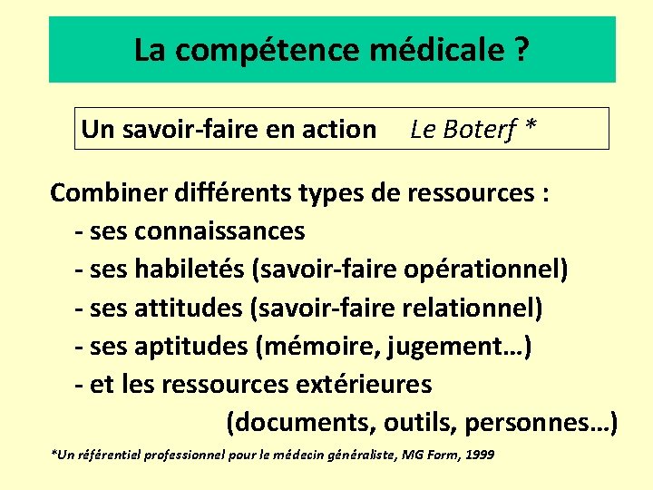 La compétence médicale ? Un savoir-faire en action Le Boterf * Combiner différents types