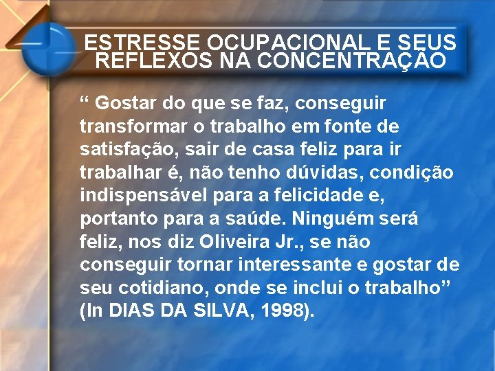 ESTRESSE OCUPACIONAL E SEUS REFLEXOS NA CONCENTRAÇÃO “ Gostar do que se faz, conseguir