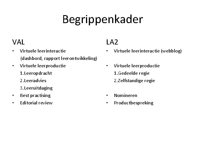 Begrippenkader VAL • • Virtuele leerinteractie (dashbord, rapport leerontwikkeling) Virtuele leerproductie 1. Leeropdracht 2.