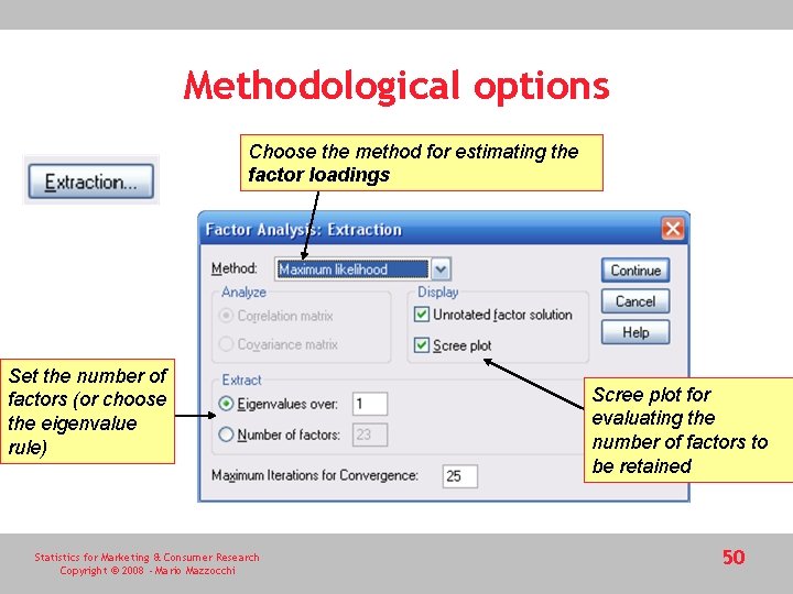 Methodological options Choose the method for estimating the factor loadings Set the number of