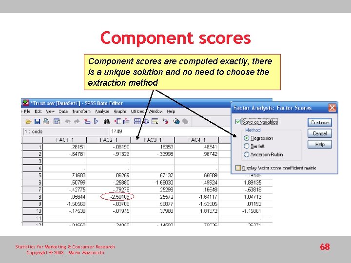 Component scores are computed exactly, there is a unique solution and no need to