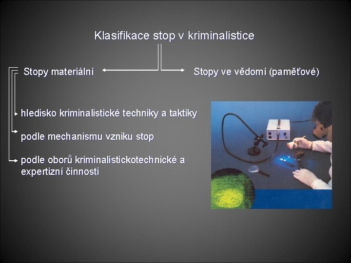  Klasifikace stop v kriminalistice Stopy materiální Stopy ve vědomí (paměťové) hledisko kriminalistické techniky