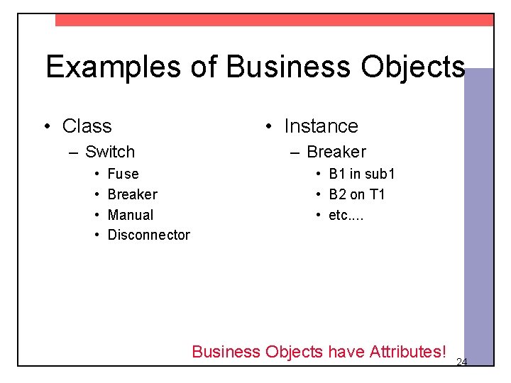 Examples of Business Objects • Class – Switch • • Fuse Breaker Manual Disconnector