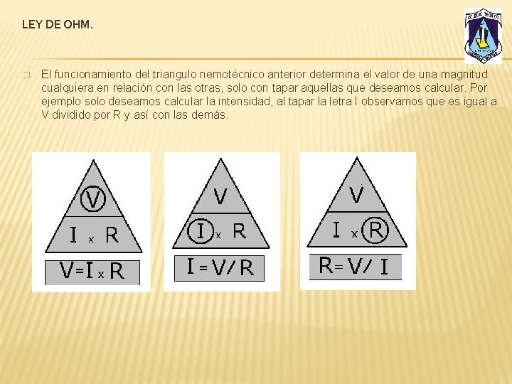 LEY DE OHM. � El funcionamiento del triangulo nemotécnico anterior determina el valor de