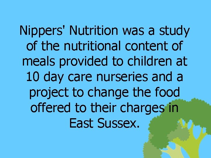 Nippers' Nutrition was a study of the nutritional content of meals provided to children