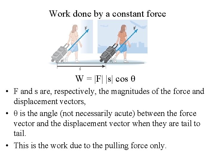 Work done by a constant force W = |F| |s| cos θ • F