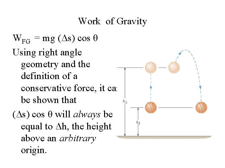 Work of Gravity WFG = mg (Δs) cos θ Using right angle geometry and