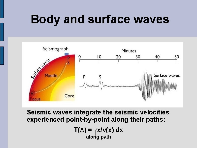 Body and surface waves Seismic waves integrate the seismic velocities experienced point-by-point along their