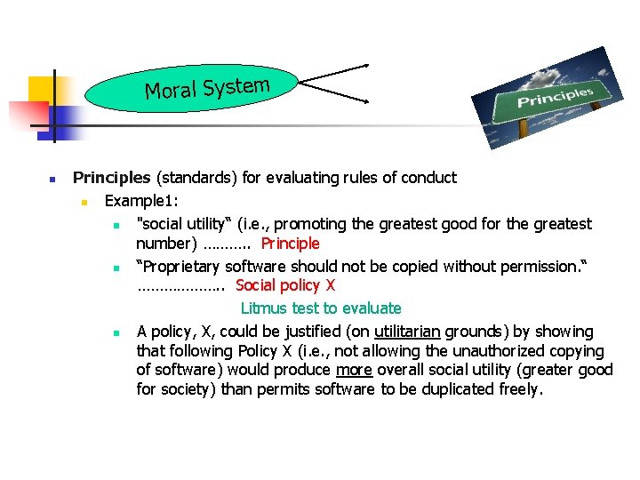 Moral System n Principles (standards) for evaluating rules of conduct n Example 1: n