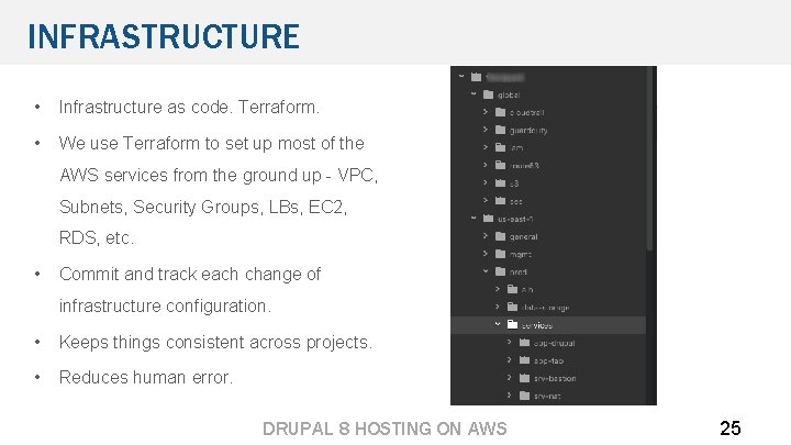 INFRASTRUCTURE • Infrastructure as code. Terraform. • We use Terraform to set up most